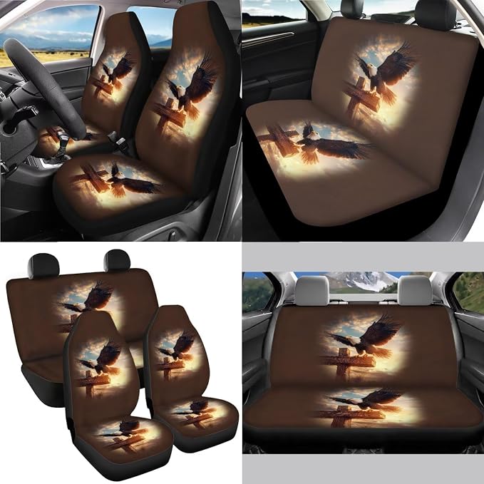 Eagle Cross Print Car Interior Accessories Set of 13, Car Front and Rear Seat Cover Full Set, Steering Wheel Cover, Soft Seat Belt Cover, Cup Holder Coasters Universal Fit for Most Cars