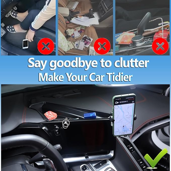Sekhyna Navigation Screen Back Storage Box Compatible Corvette C8 Stingray 2020-2025,Dash Organizer Tray,Center Console Phone Insert Auxiliary Storage Tray Interior Accessories (with Phone Mount E)