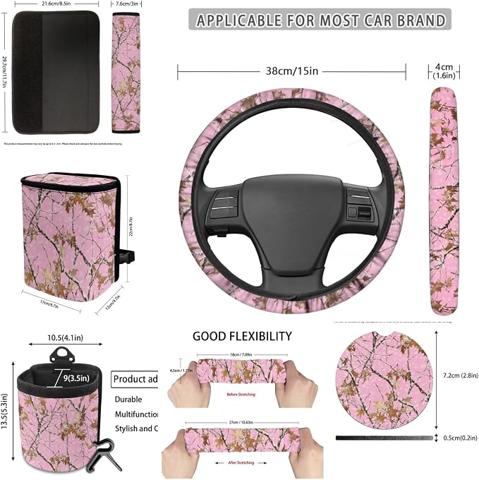 Dreaweet Pink Car Seat Covers Full Set Branch Camo Steering Wheel Cover Seat Belt Pads Trash Bag Air Vent Storage Pouch Rear rview Mirror Cover Coaster Keychain,15 Pcs,Universal Fit