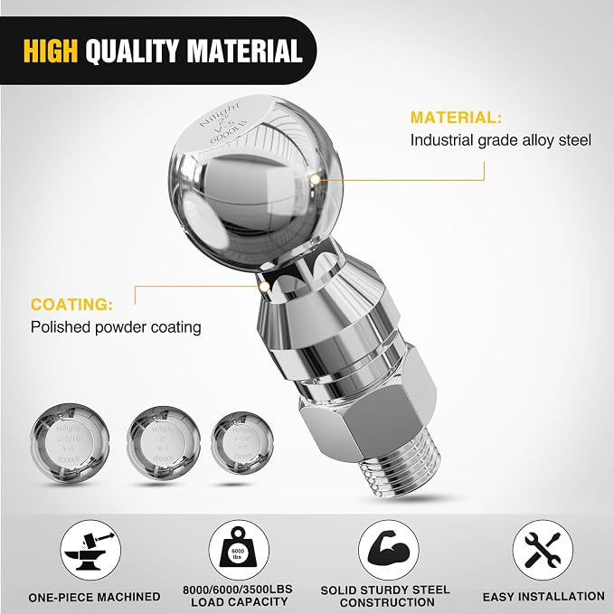 Nilight 1-7/8", 2" and 2-5/16" Diameter Chrome Trailer Hitch Ball, Maximum Load Capacity Up to 8,000 lbs, 1- Inch Shank Universal Fit Gray