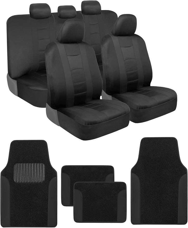 BDK CarXS Black Car Seat Covers Full Set with Matching Set of Floor Mats for SUV, Car, & Truck - Car Seat Covers Front Seats & Bench Seat Cover Car Seat Protector Car Mats Full Set Interior Covers