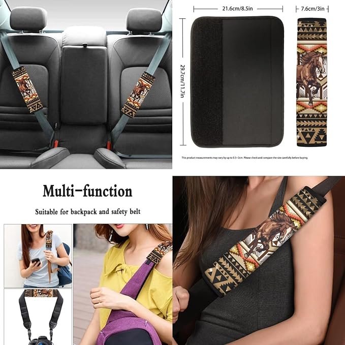 12Pcs Brown Horse Auto Seat Cover Protection Front Rear Seats,Breathable 15 Inch Steering Wheel Covers+Coaster+Keychain+Armrest+Seat Belt Pads,Southwestern Tribal Horse Car Accessory Decor