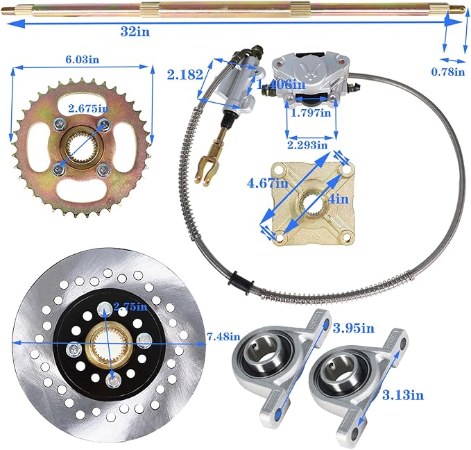 GXYWADY 32 Go Kart Rear Axle Kit with Shaft + Hub + Chain + Brake Master Cylinder Replacement for Go Kart ATV