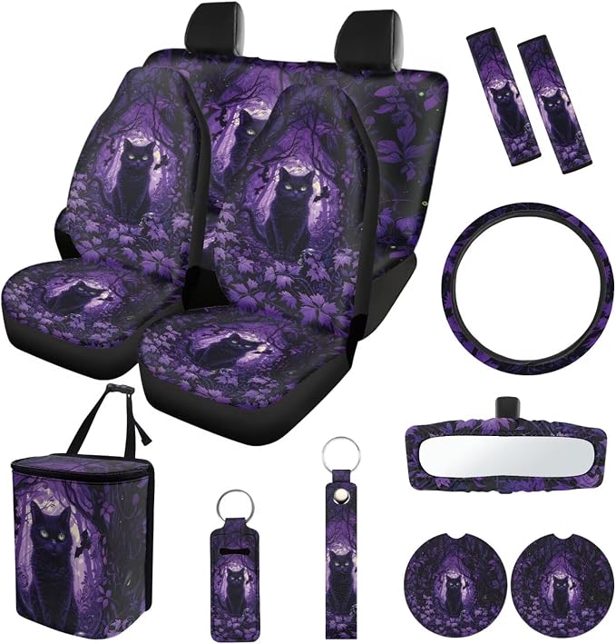 Suobstales Cat Bat Maple Leaves Print Car Seat Covers Haloween Decor Steering Wheel Cover Full Set/Seat Belt Cover/Auto Trash Can/Rearview Mirror Cover/Coasters/Keyrings Car Accessories 13 Pack