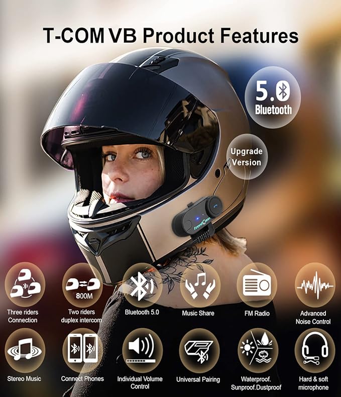 FreedConn Bluetooth Motorcycle Headset, TCOM VB Helmet Headset 2-Way 800M Intercom, Universal Pairing Communication System Kit for Ski/ATV/Dirt Bike (FM/ IP65 /2 in 1 Mic/Siri) 2 Pack