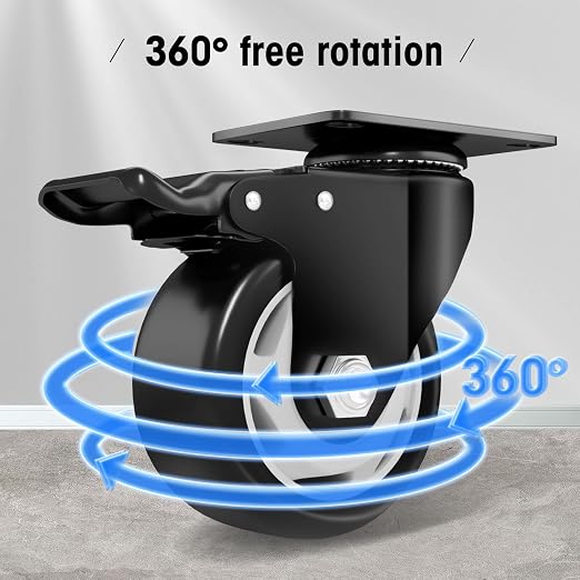 3" Swivel Plate Casters, 1000Lbs Capacity with Brake | Black, 4-Pack, PU Wheels, Double Ball Bearings, Quiet & Non-Marking, for Workbenches & Carts
