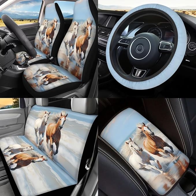 Horse Car Seat Covers Full Set for Women Man,Universal Car Accessories with Back Seat Trash Can Headrest Covers Seat Belt Cover Pad,Elastic Steering Wheel Cover Fit Most Car Truck SUV Van
