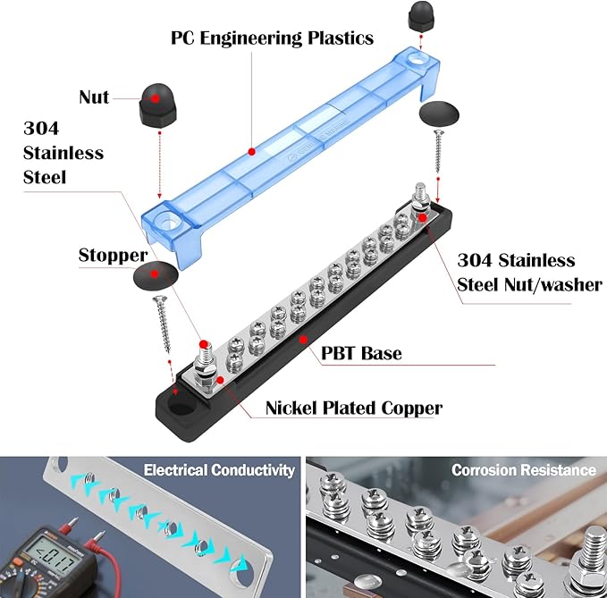 LENKRAD 20 Power/Ground Distribution Block Automotive Bus Bar 12V Marine Bus Bars, 150A Battery Terminal, New Energy Busbar 12V/48V Terminal Block Kit, 20 x M4 Terminal Screws, 2 x M6 Post - 2 Packs