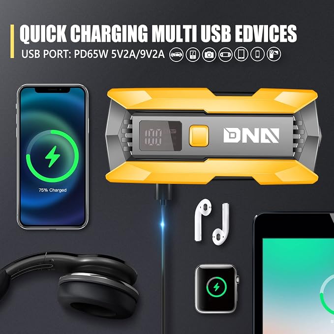 DNA Motoring 12V 2000A Peak Multi-Function Portable Car Battery Jump Starter for Up to 8.0L Gas / 6.3L Diesel Engine, with Carry Case, Golden/Black,TOOLS-00276