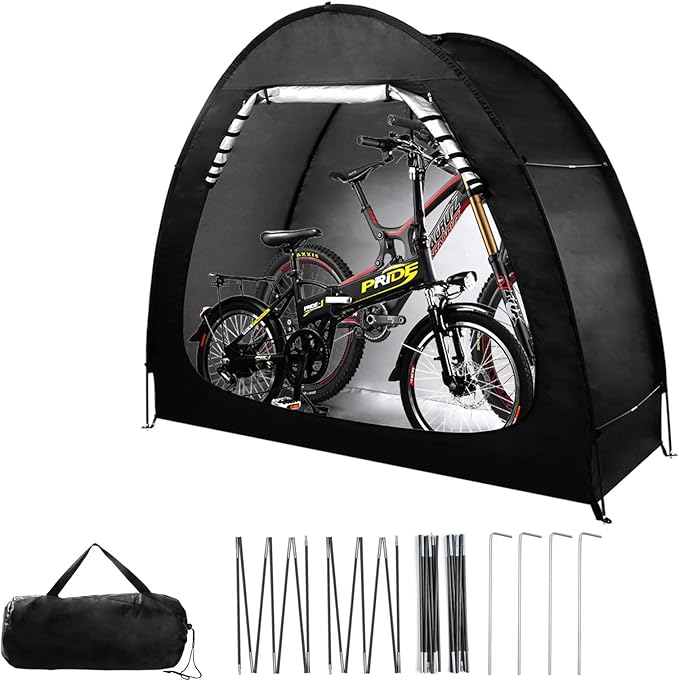 Outdoor Bike Storage Shed Tent, Portable Bicycle Motorcycle Storage Shed with Spare Pole and Rain strip for 2 Bikes, PU4000 Waterproof Silver Coated Oxford Bike Cover, Foldable Bicycle Shelter