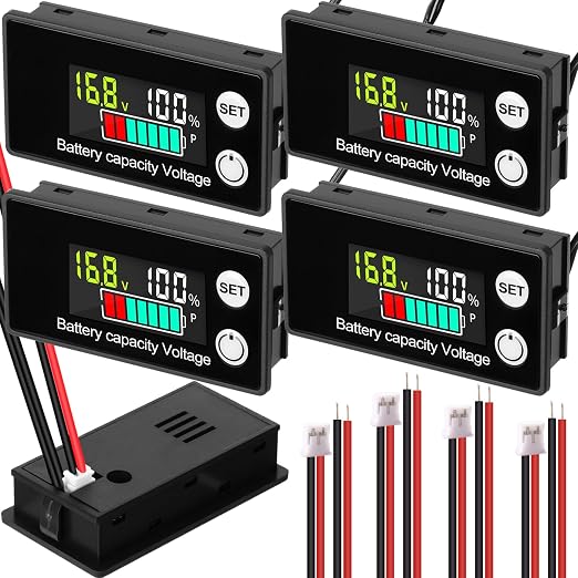 Kingdder 4 Pack Digital Battery Monitor for Golf Cart 8-100v, 12v 24v 36v 48v 60v 72v, LCD Display with Capacity Alarm & Temperature Sensor for Marine Boat/Car/Motorcycle Lithium Lead Acid Batteries
