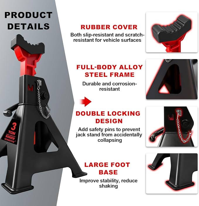 3 Ton (6,600 LBs) Jack Stands with Double Pin Locking,Rubber Cover and Large Foot Base,11"-17" Adjustable Height,Heavy Duty Car Jack Stands,Lifting SUV,MPV,Pickup Truck,ATV/UTV,1 Pair