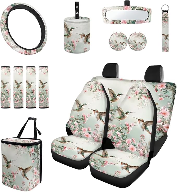 Spring Floral Hummingbird 15 PCS Car Seat Cover Set with Auto Steering Wheel Cover Seat Belt Strap Protector Cup Holder Trash Bag Rear View Mirror Protector Keychain