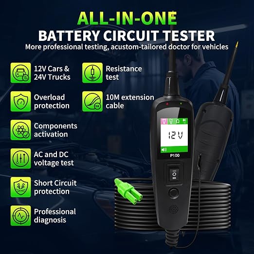 Automotive Circuit Tester, 12V 24V Power Probe Kit | 40FT Cable. 6-30V Auto only (No home AC). 0-65V DC/AC sensor LCD. Instantly activate fuses, relays & circuits.