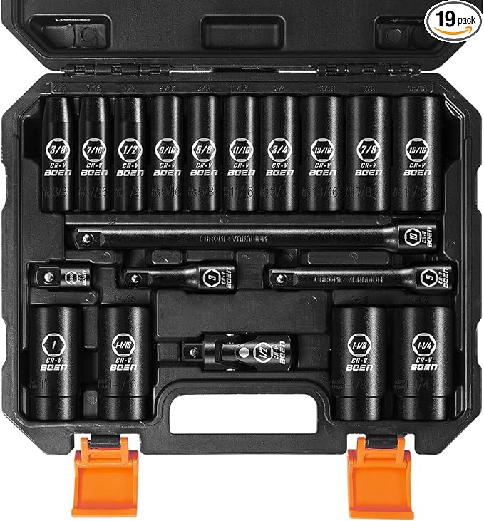 BOEN 19-Piece 1/2" Drive Deep Impact SAE Socket Set, 3/8"-1-1/4", Cr-V Steel, Extensions, Joint, Adapter - Meets ANSI