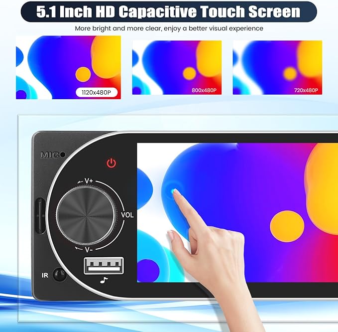 Single Din Touchscreen Car Stereo with Wireless Carplay&Android Auto,5.1" Car Radio MP5 Player with Bluetooth FM Radio EQ Car Audio with USB/Type-C SWC+Backup Camera