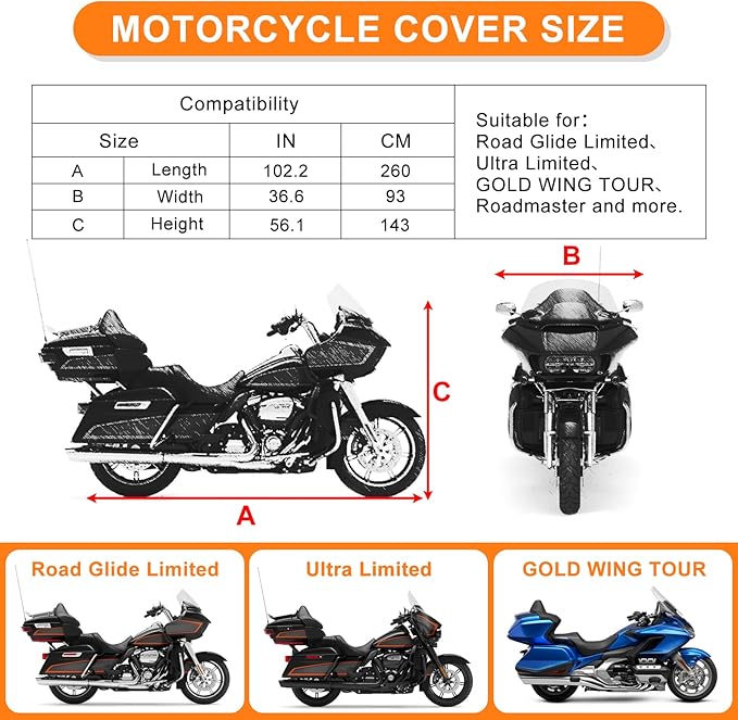 Waterproof Motorcycle Cover Replace for Harley Davidson Touring Road Glide Limited/Ultra Limited with Anti-Theft Lock Hole for Outdoor Rain Snow Protection (101 to 108inches, with Trunk)