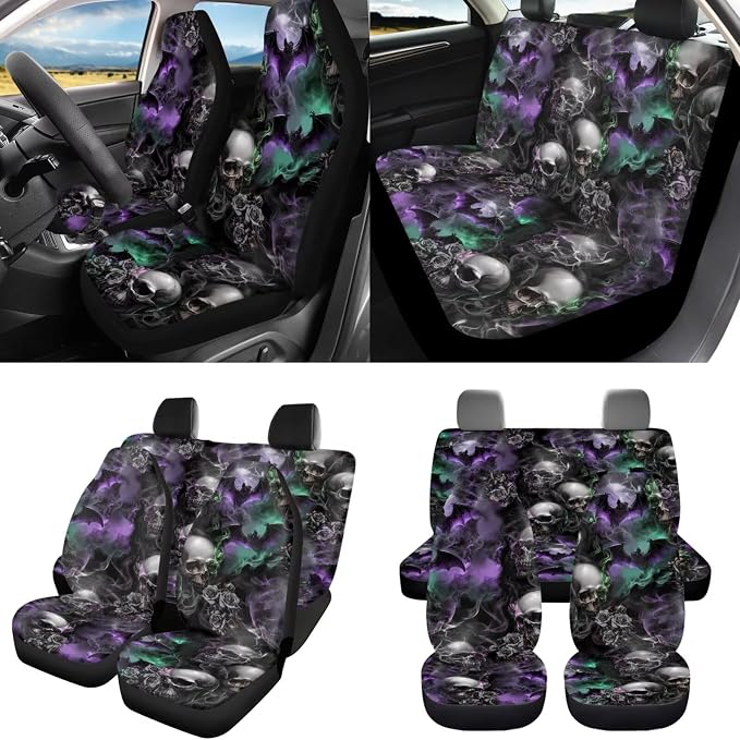 8 Pcs Smoke Skull Car Seat Covers Full Set Car Accessories for Women Front Seat Cover Steering Wheel Armrest Cover Seat Belt Cover for Auto SUV Interior Decoration