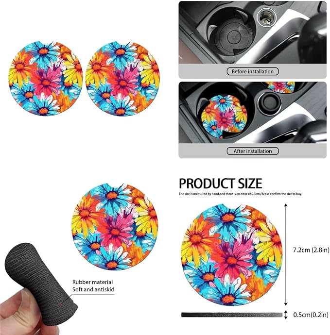 Boho Cosmos 13 Piece Car Seat Covers Hippy Rainbow Cosmos Flower Painting Steering Wheel Cover Pink Gradient Daisy Flower Cup Coasters Seat Belt Pads Cover