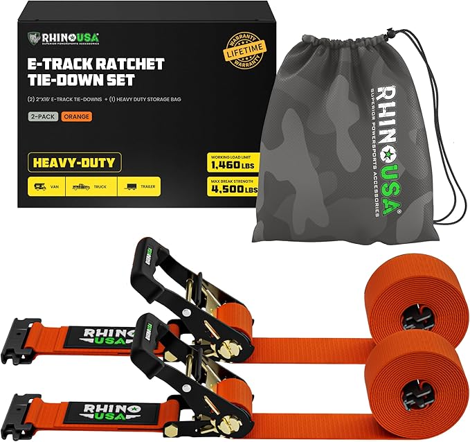 Rhino USA E Track Ratchet Tie Down Straps (4,500lb Break Strength) - Includes (2) Premium 2" x 16' eTrack Tie Downs - Ultimate Heavy Duty eTrack Cargo Strap System for Trailer, Truck, Motorcycle