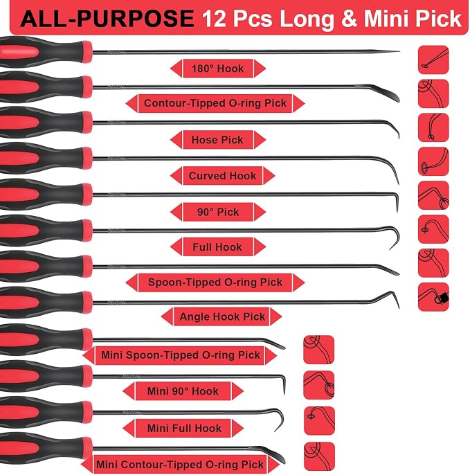 Keze 12 Pcs Pick and Hook Tool Set Includes Long & Mini Precision Pick Tool Kit for Car Auto Oil Seal/O-Ring Seal Gasket Pick Hooks Puller Remove