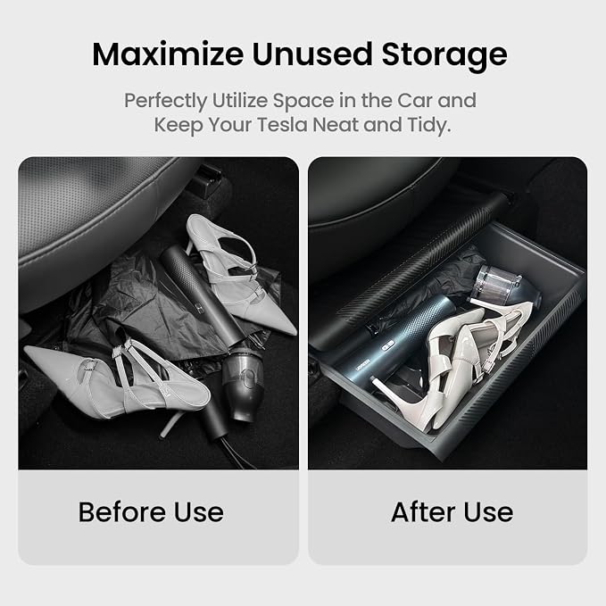 REEVAA Under Seat Storage Tray for Tesla Model Y, Front Seat Hidden Drawer Bins Non Slip with Lid Cover, Underseat Storage Box Organizer for Model Y 2021-2024 (No Fit New Model Y Juniper)
