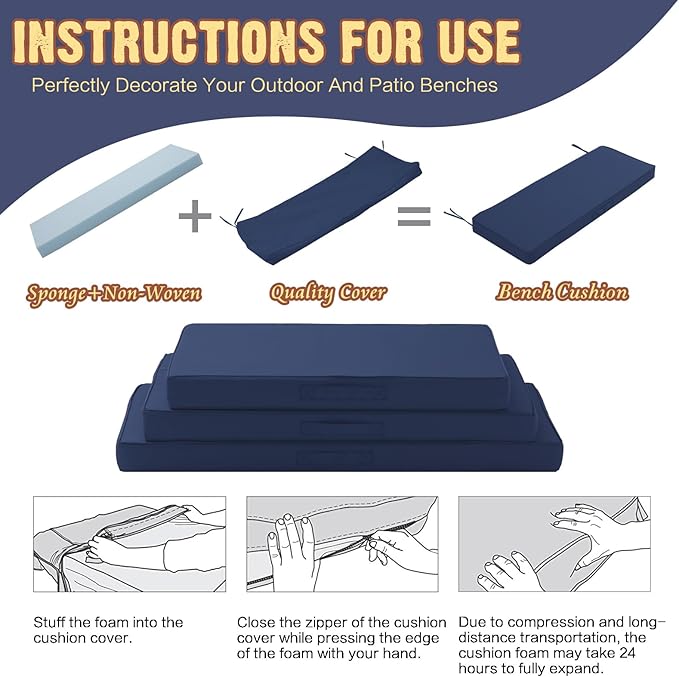 Outdoor Bench Cushion 42 x 18 x 4 Inch, Memory Foam Patio Bench Cushion for Outdoor Furniture Waterproof, Porch Swing Pad with Handle and Adjustable Strap, Navy