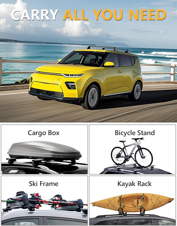 Tuyoung 220lbs Lockable Roof Rack Cross Bars Compatible with Kia Soul 2020 2021 2022 2023 2024 2025 Without Side Rails, Aluminum Roof Rails Crossbars Cargo Bars Luggage Carrier Black Accessories