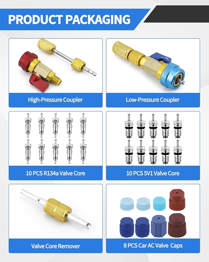 31 PCS R134A Valve Core Quick Remover Installer Tool Kit, High Low Pressure AC Valve Core Removal Tool, R134A Valve Core AC Service Port Cap Valve Stem for Refrigerant Air Conditioner System
