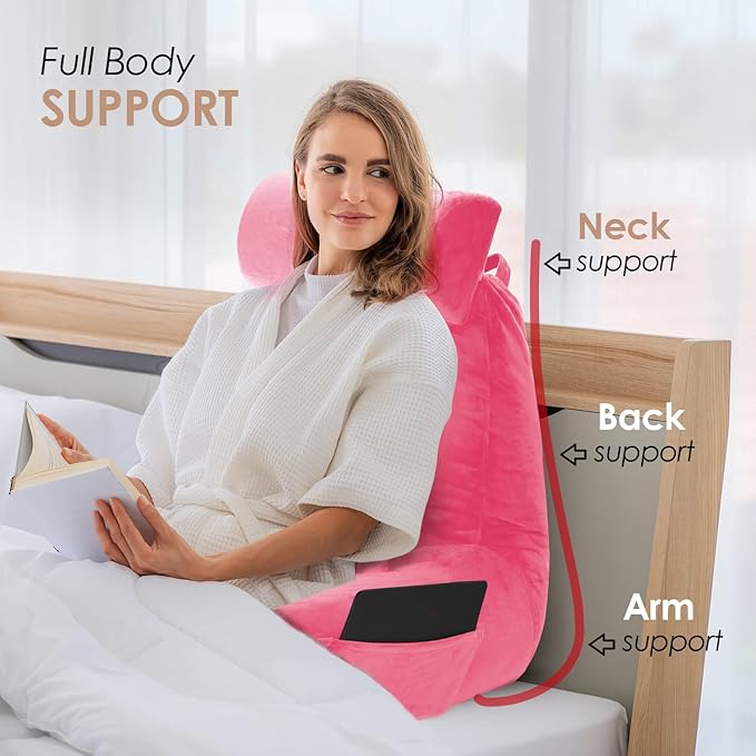 Nestl Reading Pillow with Shredded Memory Foam Includes 2 Neck and Lumber Support Pillows, Designed for Sitting Up in Bed and Couch, Back and Arms Adjustable Support for Adult & Teens, Light Pink