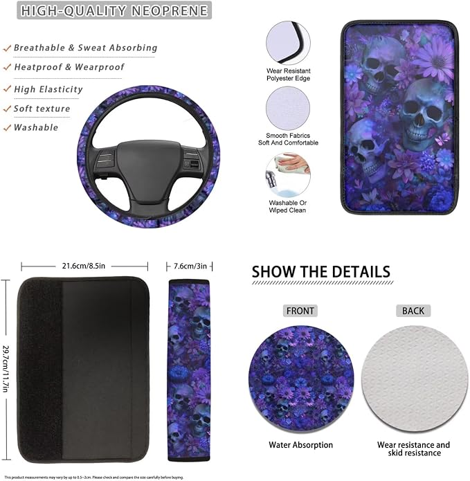 Lotusorchid Skull Print Car Seat Covers Set for Women Girls, Daisy Printed Car Seat Covers Full Set with Gear Lever Cover and Hand Brake Cover Steering Wheel Protector Vehicle Seat Belt Pad