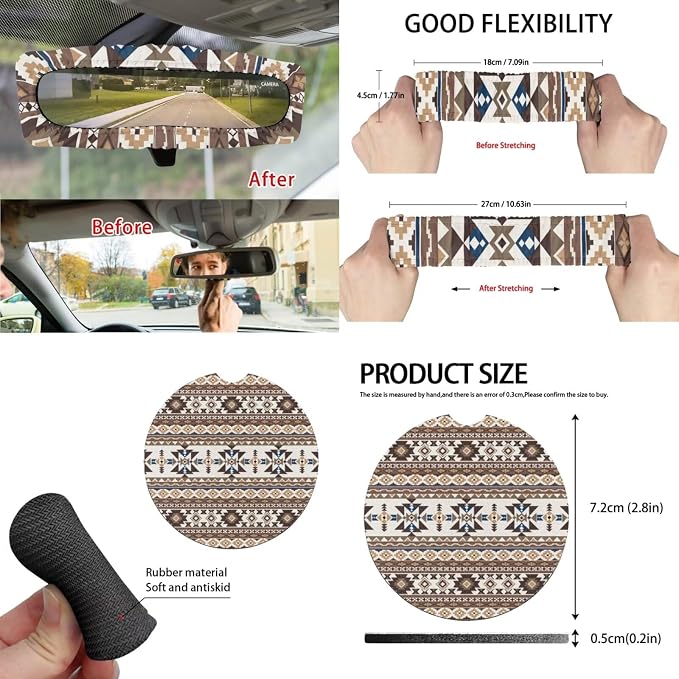 Earthy Tribal Car Seat Covers Set of 15 with Universal Steering Wheel Cover, Rearview Mirror Cover, Car Trash Can, Seatbelt Pads, Cup Holder Coasters, Keychains