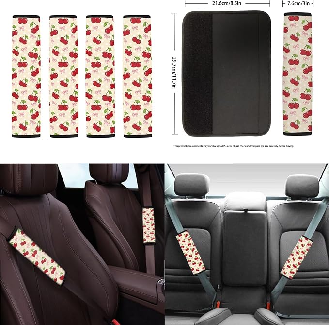 Cherry Print Car Seat Covers Front and Back Full Set with Headrest Covers Steering Wheel Cover Safety Belt Pads Armrest Cushion Cup Coasters for SUV Truck Sedan, Easy to Install