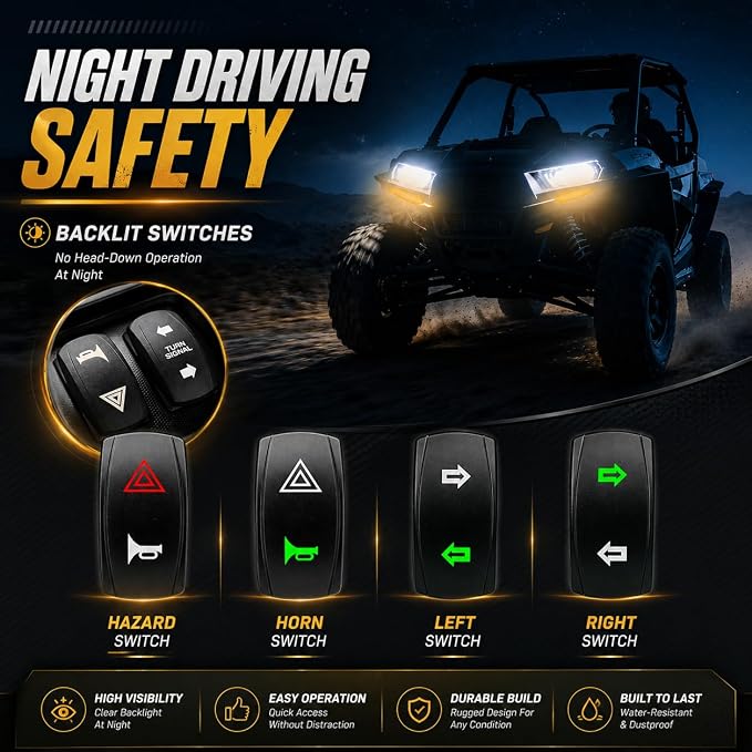 UTV Turn Signal Kit with Extra Backup Light, 110dB Horn, Pre-Wired Plug-and-Play Harness, Rocker Switch, Rhombus Universal Street Legal UTV Turn Signal Kits, Fits Polaris Can-Am CFMOTO