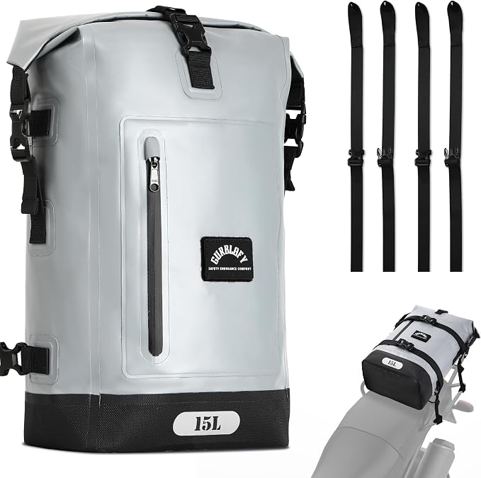 Motorcycle Tail Bag, 15L Waterproof Motorcycle Saddle Bag | 2 Size and 3 Color Options Luggage Bag, PVC Travel Bag, Rear Seat Bag, Stone Grey GT-15GRY
