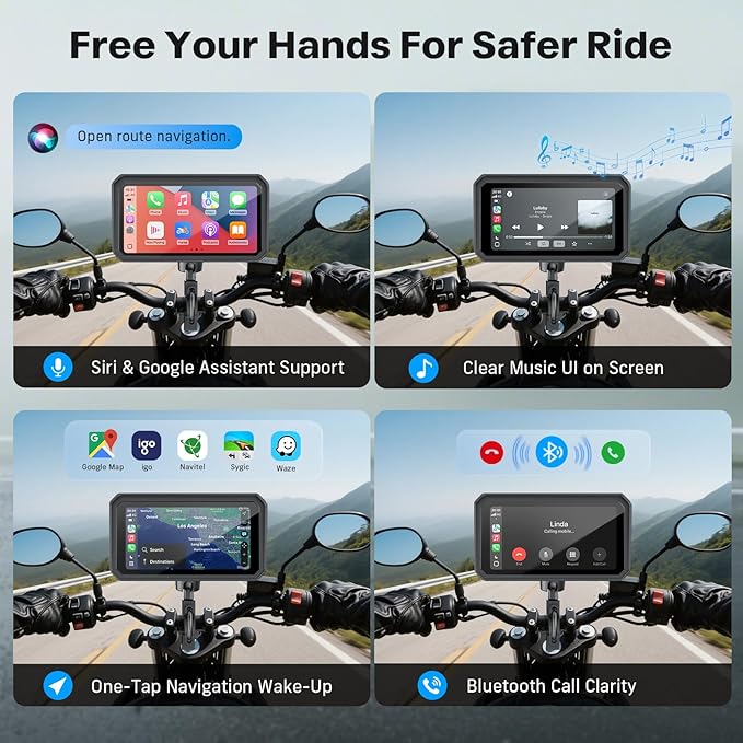 WonVon Motorcycle CarPlay Screen with Android Auto – 6.25” Waterproof GPS Pantalla para Moto Apple CarPlay Navigation System for Motorcycle, Dual 2K Dash Cam Bluetooth Audio & TPMS with Magnetic Mount