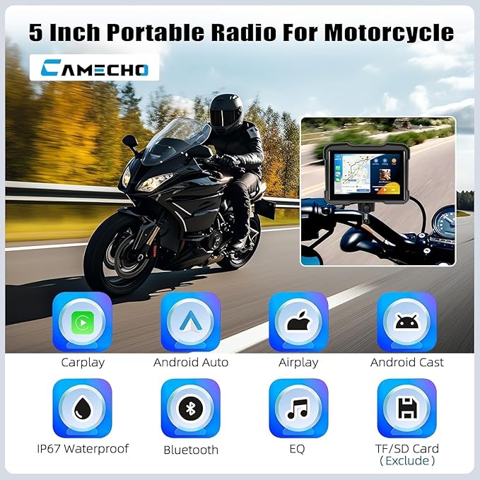 CAMECHO Motorcycle Wireless CarPlay & Android Auto Screen, 5" Waterproof AHD for Moto Motorbike Touchscreen Car Stereo Support Bluetooth, GPS, Siri, USB TF EQ 12V