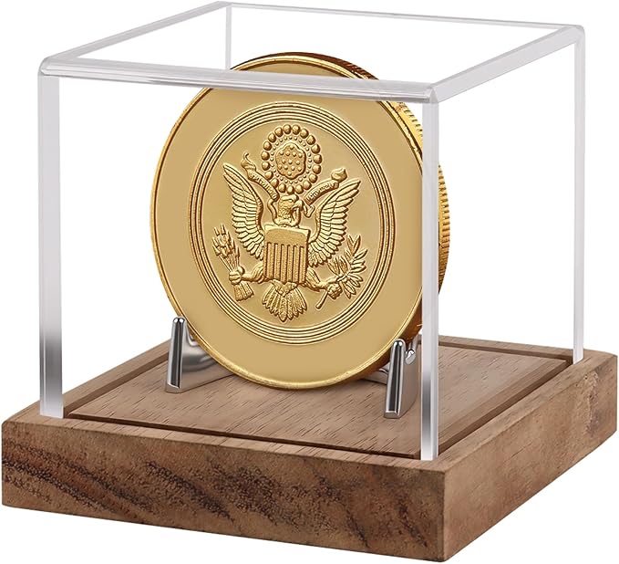 Hooqict Coin Display Case Clear Acrylic Military Challenge Coin Case Display Box UV Protected with Wood Base & Alloy Holder Single Stand for Collectors Medal Poker Chip Collectibles