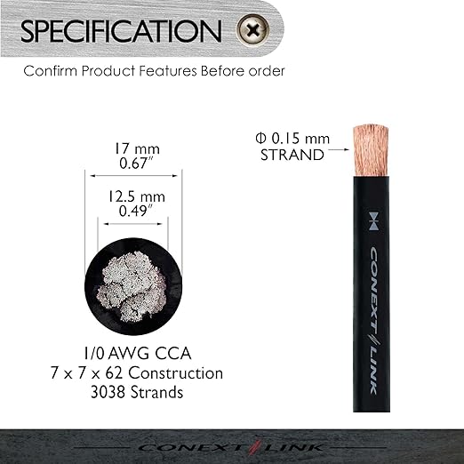 Conext Link 20 ft Frost Black 1/0 Gauge Amplifier Power Ground Wire 0 GA Battery Cable （10818）