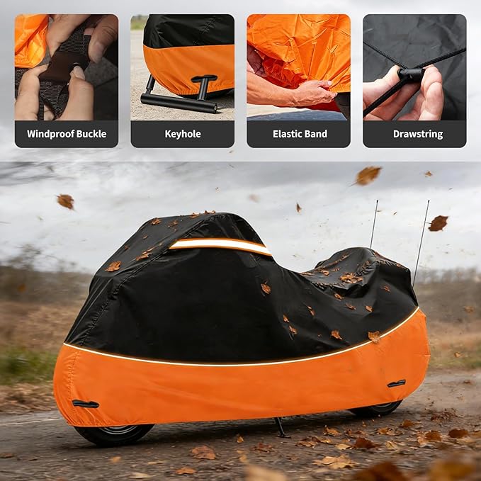 Heavy Duty Waterproof Motorcycle Cover with Side & Top Box Reflective Strips for Harley Ultra Limited Ultra Classic Road Glide Electra Glide, 110" L x 43" W x 55" H,Black & Orange
