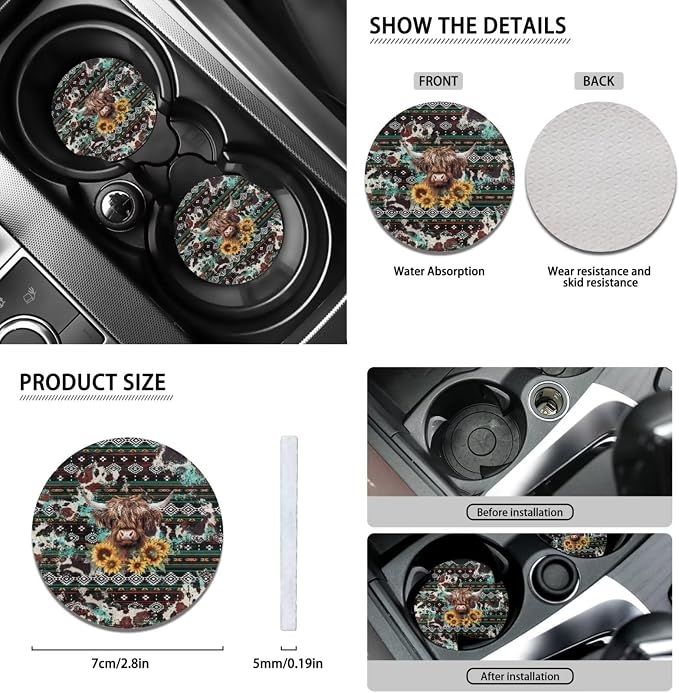 Wanyint Aztec Highland Cow Sunflower Car Seat Cover Full Set Pack of 11, with Steering Wheel Cover Car Coasters Shift Knob Handbrake Protector Coasters Headrest Auto Interior Accessories Decoration