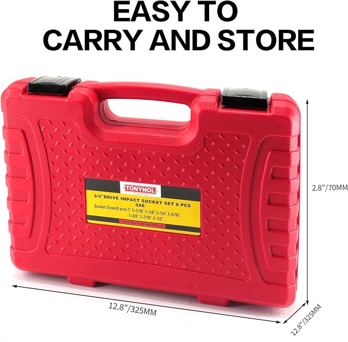 TONYNOL 3/4 Inch Drive Deep Impact Socket Set,6-Point,SAE(1"to 1-1/2"),8 Pcs,Cr-Mo.Heavy Duty Impact Socket Set.