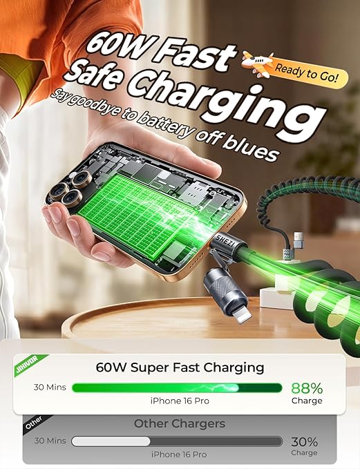 Coiled Black Cable 4-in-1 USB C Cable 60W Compatible with Lightning Cable Fast Charging & Data Transfer, Support to CarPlay & Android Auto, 5FT Multi Cord Combo Charger for iPhone/iPad