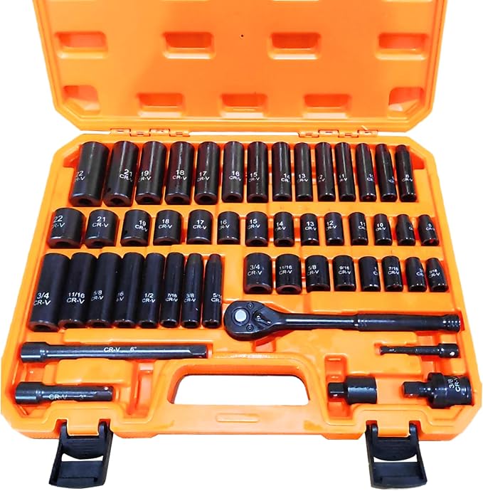 3/8" Drive Impact Socket Set, 50-Piece Standard SAE (5/16 to 3/4 inch) and Metric (8-22mm),6 Point, with Ratchet Handle, Extension Bar (3/8" Socket Set, Metric and SAE, 50pcs)