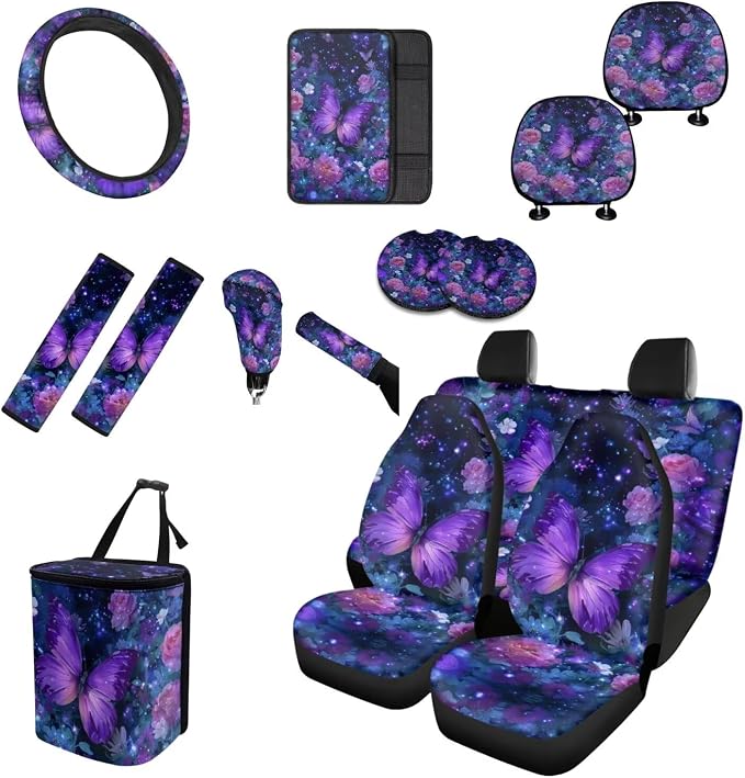 Purple Rose Butterfly Car Seat Covers Full Set for Women Cute Car Accessories Seat Cover with Wheel Cover Seatbelt Covers Car Coasters Trash Can Car Headrest Pillow Covers Armrest Pad