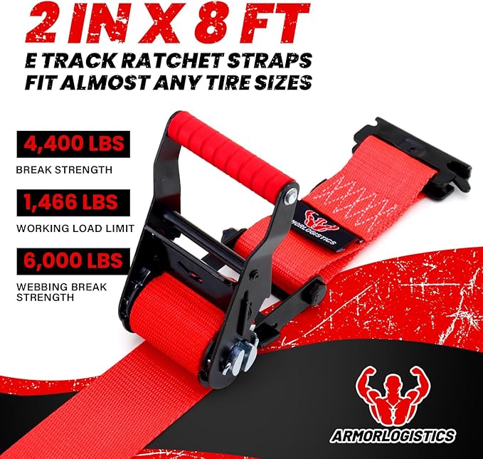 2 Pack E-Track Ratchet Straps, 2" x 8' Heavy Duty Cargo Tie-Downs, 4400LBS Break Strength, Standard E Track Fitting Tie Down, Ultimate Heavy Duty E Track Cargo Strap System for Trailer, Truck
