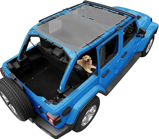 JL Top Sun Shade Roof Compatible with Jeep Wrangler 2 or 4 Door 2018 to 2023 Sunshade Sunroof Cover Blocks UV Wind Noise Gray Mesh for Full Length