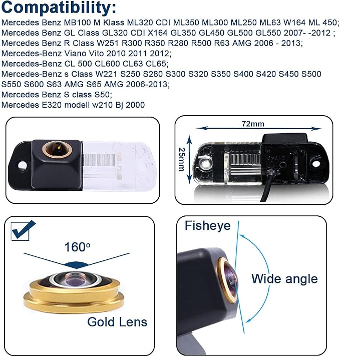 HD Rear View Reversing Camera Compatible with Mercedes Benz MB100 W164 ML450 /GL320 X164 /W251 R300 R350 R280 R500 R63/Viano Vito/CL500 CL600 CL63/W221 S250 S400 S420 S450 S500 S63 S65/ S50/E320 W210
