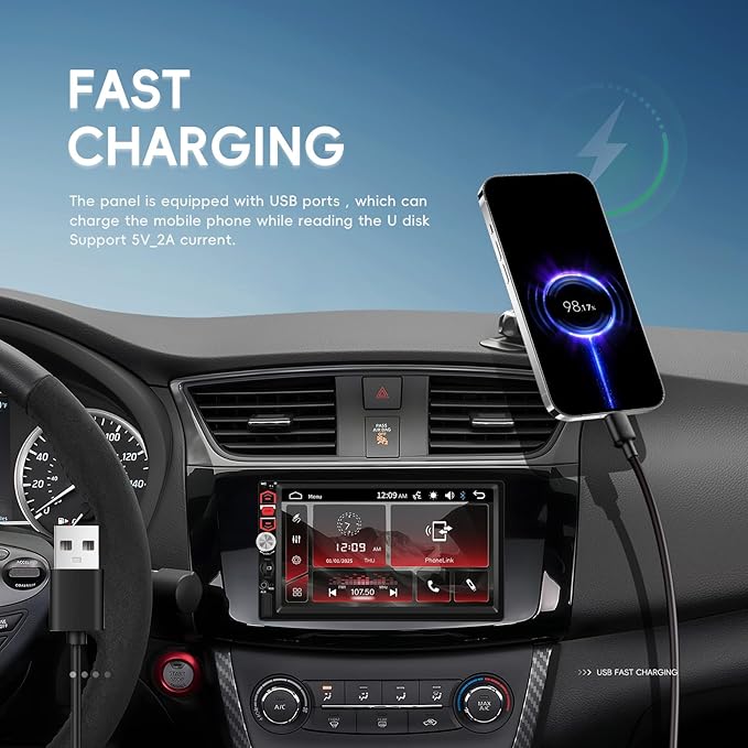 7 inch Touch Screen Double Din Car Stereo with Wired Mirror Link Bluetooth FM EQ Steering Wheel Control 7 Color Light