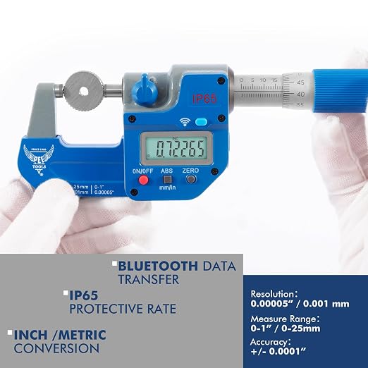 PEC Tools Bluetooth Absolute Digital Micrometer 0-1"/25mm, IP65 Oil & Splashproof, Bluetooth High Accuracy Measuring Tool with LCD Display with Inch/Metric Conversion